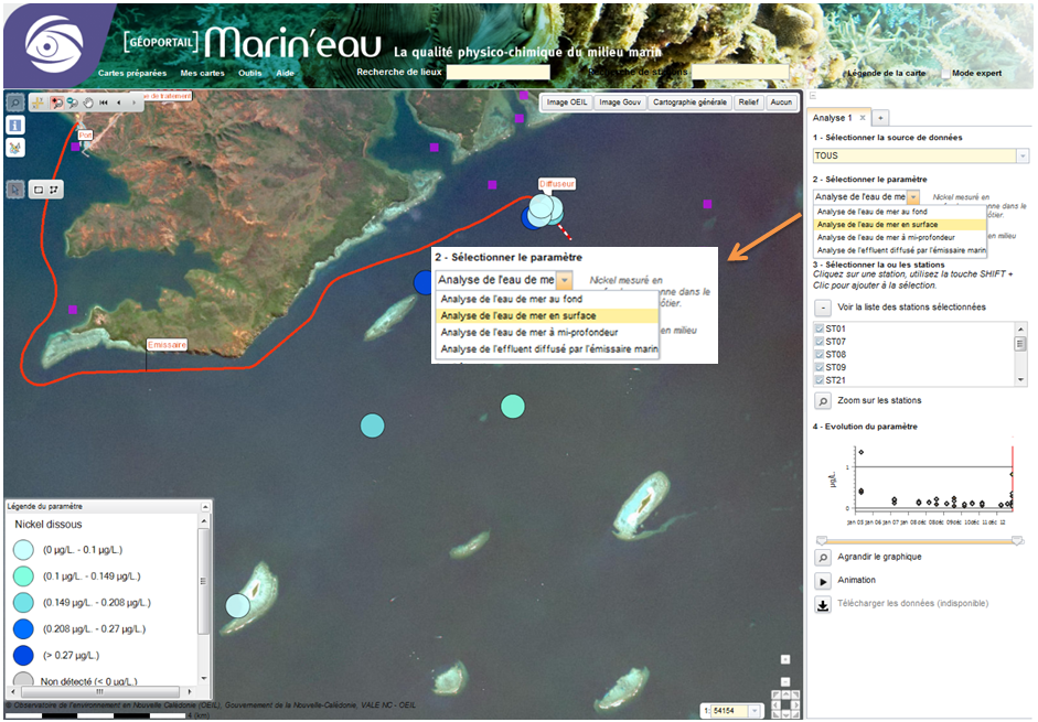 Sélectionnez ensuite le type d'analyse : sur l'eau de mer (différents niveaux de profondeur sont disponibles) ou sur l'effluent avant rejet.
