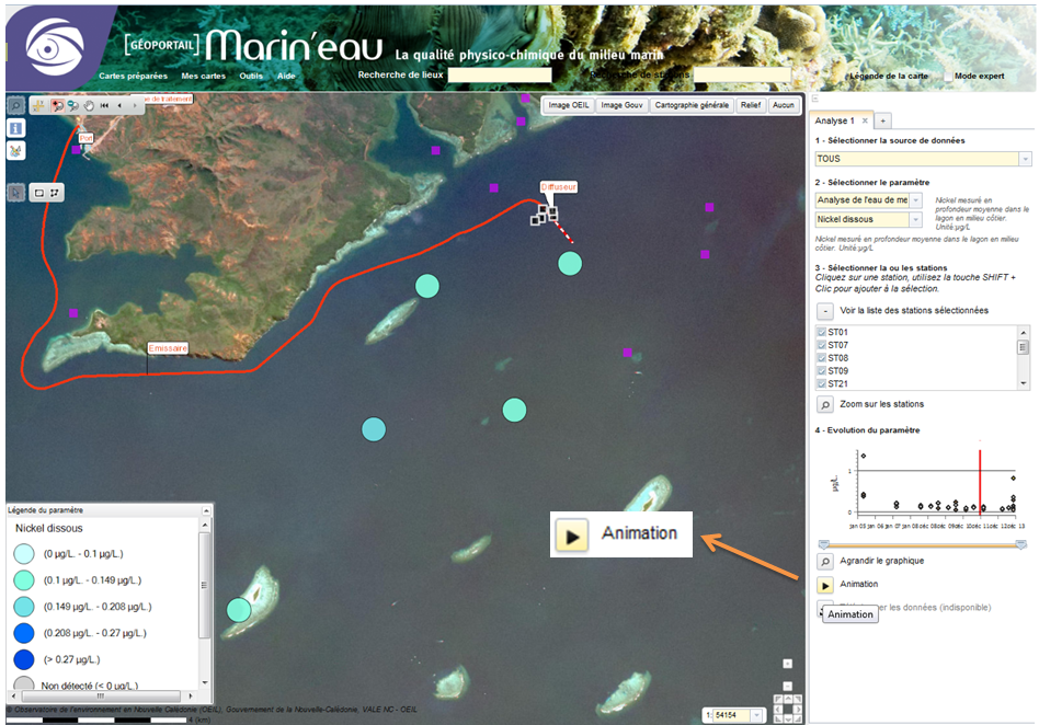 Lancer l'animation pour visualiser, sur la carte, l'évolution du paramètre dans le temps.