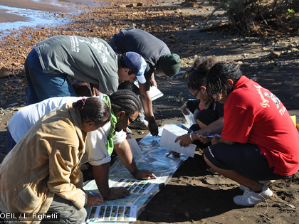 Le carrefour des jeunes de l'aire coutumière Drubéa Kapüme Le premier atelier permettait aux jeunes de se familiariser avec une methode scientifique d'évaluation de la santé des récifs.